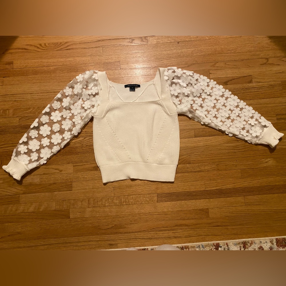 French Connection Women’s Small Cotton Sweater Mesh Appliqué Sleeve